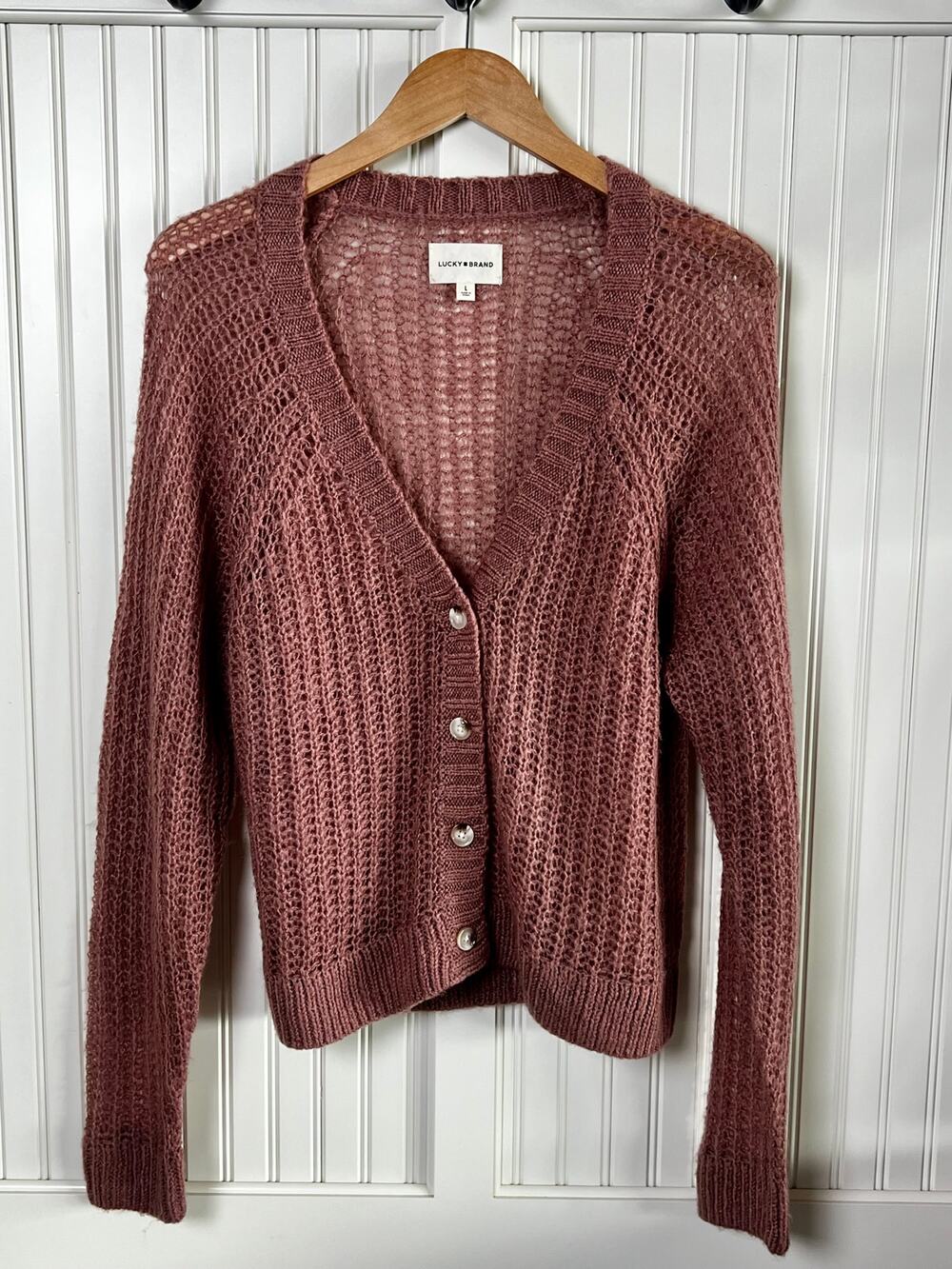 Lucky Brand Rose Open Knit Cardigan L Boho Cottagecore Sweater